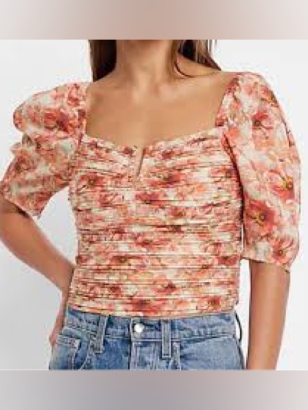 EXPRESS Coral Floral Puff-Sleeve Off-Shoulder Top